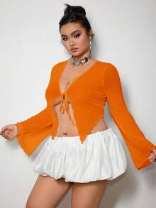 SHEIN ICON ICON 大码女式系带上衣，适合万圣节和派对穿着的透视上衣 - 橘色 - 查看 5