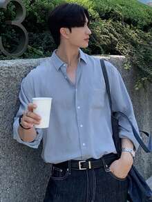 DAZY 男士休闲百搭通勤蓝色衬衫，春季 - 藍色 - 查看 5