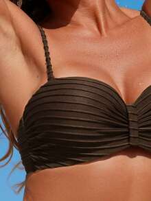 Swim Lushoire New Knitted Jacquard Fabric Spaghetti Strap Push Up Back Tie Women Elegant Swimsuit 2 Pieces Set, Spring/Summer - Coffee Brown - View 3