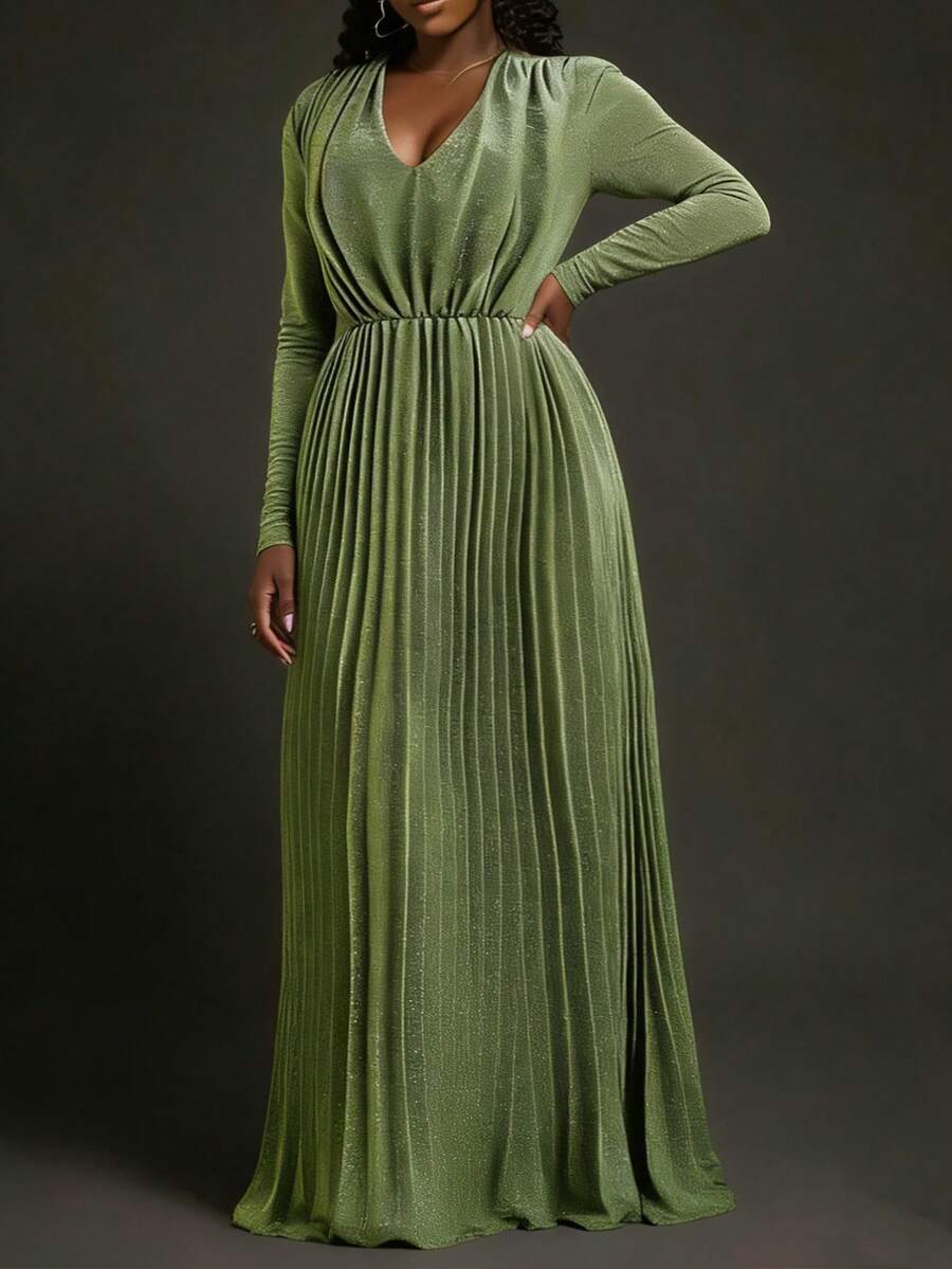 Veslaya 2026 Vestido plisado de manga larga con cuello en V, cintura ceñida y tela brillante, talla grande, nueva colección de principios de primavera