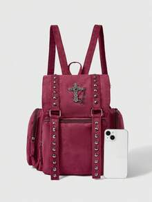 ROMWE Goth 时尚铆钉朋克风PU皮革背包 - 紅色 - 查看 3