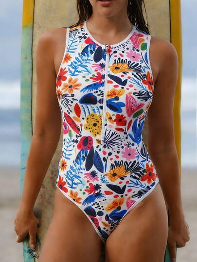 Swim SPRTY Traje de baño de una pieza con estampado floral para mujer, ideal para vacaciones en la playa y surf