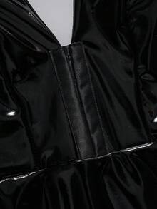 PU Leather Solid Color Deep V-Neck Sleeveless Patchwork Bodysuit - Black - View 8