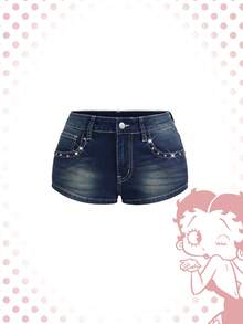 Betty Boop | ROMWE Quần short denim nữ phong cách Punk cổ điển Y2K, cạp siêu thấp, thêu hình súng lục. - Rửa tối - Xem 2