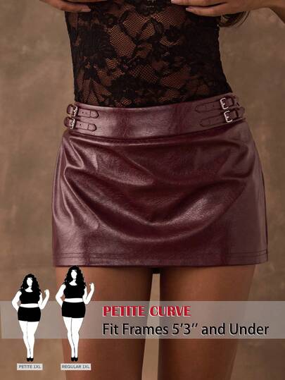 SHEIN PETITE CURVE Plus Size Women Solid Color Waist Buckle Design PU Leather Fashion Skirt