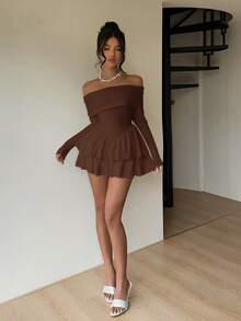 Aloruh 1pc Women's Off-Shoulder Solid Color Ruched Fitted Jumpsuit - Brown - View 7