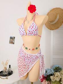 Swim Mod Set de 3 piezas de traje de baño con estampado floral tipo ditsy, bikini y falda pareo para mujer, conjunto sexy y estilizador para vacaciones en la playa o aguas termales - Multicolor - Ver 8