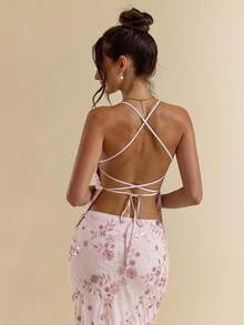 SHEIN BAE 1 buah Atasan Tank Top Wanita Warna Polos Bertekstur Jacquard dengan Tali Bahu Tipis, Camisole untuk Liburan - Baby Pink - View 2
