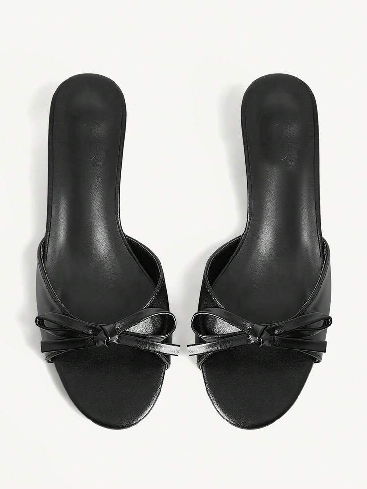 CUCCOO CHICEST Women Shoes Black PU Bow Summer And Summer Fashion Elegant Kitten With Round Toe Slippers Wedding Shoes Summer Shoes Bride Shoes