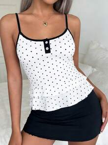CovetEZ 休闲优雅甜美黑白波点印花夏季派对吊带背心，适合日常和度假穿着，固定罩杯设计防止滑落，可调节肩带 - 彩色 - 查看 5