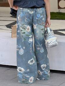 DAZY Tween Girls' Casual Floral Print Loose Wide Leg Jeans - Blue - View 5