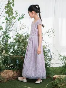 DAZY Tween Girl Floral Jacquard Cap Sleeve Elegant Dress Vacation - Purple - View 6