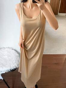 DAZY 极简针织无袖收腰长连衣裙，女士家居服 - 卡其色 - 查看 3