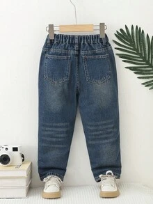 SHEIN Mirajuku Denimly 男童寬鬆版型淺藍色牛仔褲，彈性腰頭休閒夏季開學牛仔褲，適合學校、戶外、旅行與職業日穿搭 - 深灰色 - 查看 2