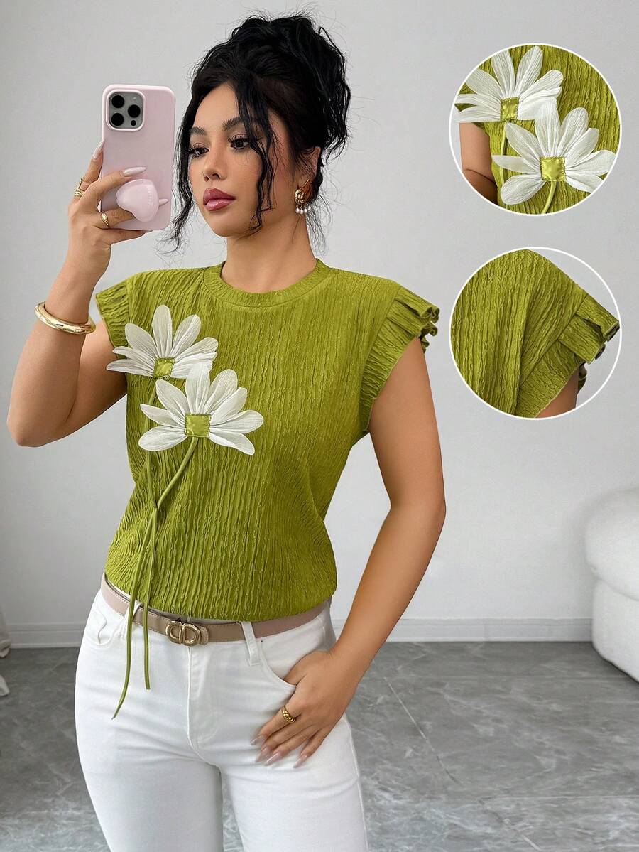 Elenzga 女士优雅通勤休闲度假时尚上衣，高弹力纹理针织波浪图案面料，撞色花卉圆领荷叶边短袖修身绿色T恤，春夏款 - 綠色 - 查看 1