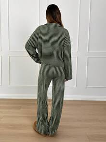 Siren Gaze Women's 2pcs Set Loose Striped V-Neck Drop Shoulder Long Sleeve T-Shirt &Elastic Waist Striped Pants, Winter Sweater Suit ,Autumn/Winter - Dark Green - View 2