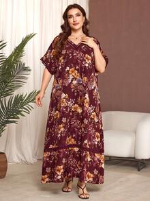 Al Najma 休闲舒适印花蝙蝠袖大码阿拉伯风格女式连衣裙，适合春夏各种场合穿着 - 酒紅色 - 查看 1