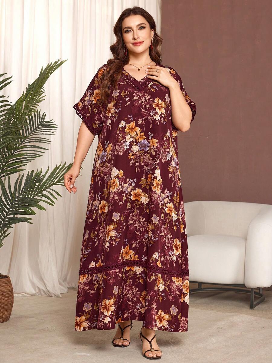 Al Najma 休闲舒适印花蝙蝠袖大码阿拉伯风格女式连衣裙，适合春夏各种场合穿着 - 酒紅色 - 查看 1