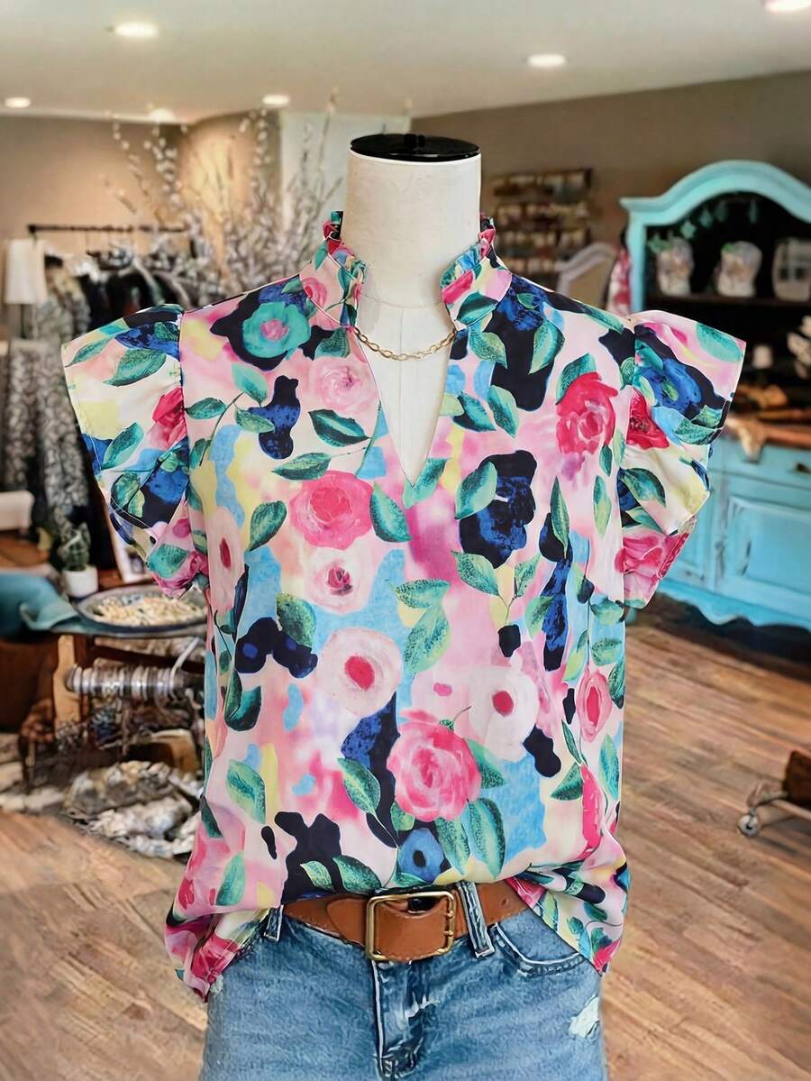 Franclia Áo kiểu nữ cổ chữ V tay bồng họa tiết hoa, thích hợp cho hẹn hò, mặc hàng ngày, dự tiệc, đi làm, trà chiều, mùa xuân/hè. Áo kiểu hoa tay bồng, áo hoa 3D cho nữ. - Nhiều màu - Xem 1