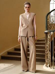 Arave Women's V-Neck Wide Shoulder H-Line Vest With Metal Buckle Pockets High Waist Straight Leg Pants Suit, Suitable For Daily Commute - Khaki - View 6