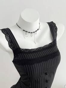 Elamini Women's Commuting, Back To School, Daily Wear Black Striped Lace Trim Mini Dress - Black - View 7