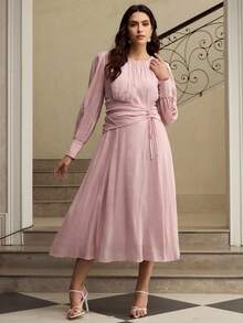 ZEYLAH Elegant Waist Cinched Midi Sleeve Round Neck Dress, Resort Style, Spring/Summer - Pink - View 4
