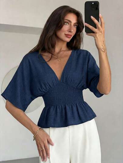 Aloruh Deep V-Neck Ruffle Hem Waist Cinched Commuter Shirt