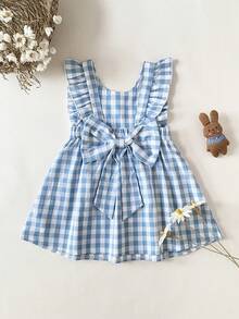 SHEIN 女婴休闲可爱格子蝴蝶结荷叶边连衣裙，适合春夏外出、度假、聚会、生日和日常穿着 - 藍色 - 查看 5