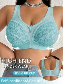 DesireSculpt Plus Size Solid Color Lace Patchwork Wireless Bra - Mint Green - View 4