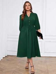 Miaspire 大码休闲通勤纯色V领常规肩部收腰连衣裙 - 墨綠色 - 查看 1