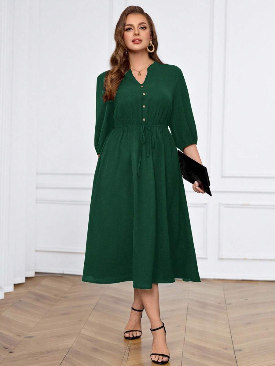 Miaspire 大码休闲通勤纯色V领常规肩部收腰连衣裙 - 墨綠色 - 查看 1