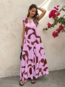 SHEIN Holidaya 女士复古印花超长连衣裙 秋季服装 - 彩色 - 查看 4