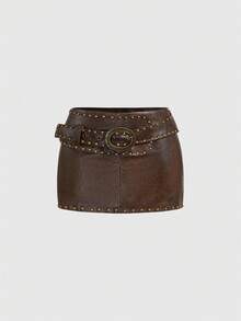 ROMWE Hippie Sexy Riveted PU Leather Mini Skirt - Brown - View 5