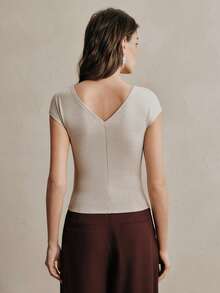 Anewsta Women's Modern Knit Sleeveless V-Neck Twist Front Fitted Top - Khaki - View 2