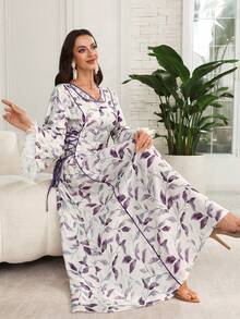 SHEIN Najma Đầm dài tay kiểu Ả Rập thanh lịch, phối màu tương phản, chất liệu ruy băng và lưới, thắt eo, dành cho nữ. - Màu tím - Xem 7