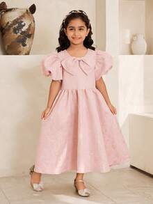 Glamorique Kids Pink Summer Traditional Wedding Young Girl Elegant Jacquard Puff Sleeve Bow Tie Neck Dress,Princess Princess Dress For Performance,Holiday Party - Pink - View 3