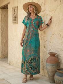 Faunlyn 女式復古花卉印花V領蝙蝠袖休閒夏季長裙連衣裙