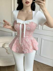 Celisse بلوزة أنيقة مزينة بالزهور والفيونكة ذات أكمام قصيرة - وردي - مشاهدة 3