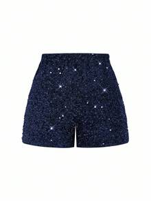 Ellevyn Women's Navy Blue Sequin Mini Shorts With Button Detail Party Style Woven Fabric - Navy Blue - View 12