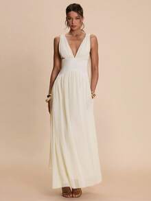 SHEIN BAE 春夏纯粉色无袖深V领系带缎面拼接褶皱喇叭下摆优雅长裙，适合鸡尾酒会、浪漫约会、聚会、正式场合、伴娘礼服、情人节礼服、粉色长裙、伴娘礼服、生日派对礼服 - 粉色 - 查看 5