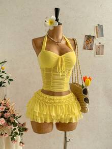 Soleia 女士度假浪漫雪纺褶皱多层裙摆半身裙，适合海滩、海边、性感、约会、海滩度假、假日、下午茶、婚礼季、海滨邮轮度假、城市度假、波西米亚风度假、音乐节、嬉皮风、西部风情等场合。 - 淡黃色 - 查看 8