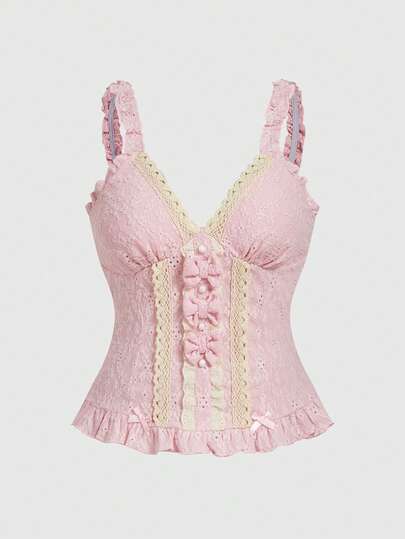 ROMWE Kawaii Plus Size Cute Rococo Bow Detail Camisole, Pink, Suitable For Spring/Summer