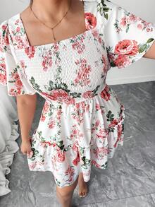 SHEIN PETITE CURVE Plus Size Floral Print Ruffle Sleeve Short Swing Dress Floral Dress Women Elegant Short Sleeve Summer Dress - White - View 6