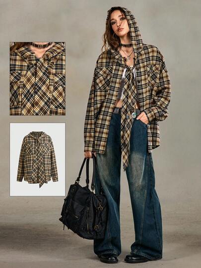 Grunge Punk Camisa con capucha oversize a cuadros de estilo vintage punk Y2K