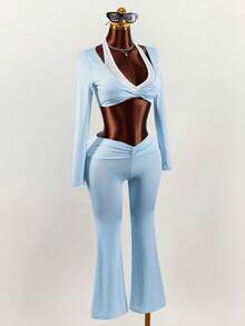 Amplova 2026 New Style 2 In 1 Cropped Top And Low-Waist Flare Skinny Pants Women's Suit - Multicolor - View 4