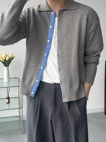 DAZY Áo khoác cardigan nam phối màu tương phản, mùa xuân/thu. - Xám - Xem 5