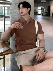 DAZY 男士纯色高领针织衫，夏季 - 咖啡棕 - 查看 5