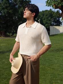 DAZY Men's Solid Color Polo Collar Short Sleeve Knit Top, Summer - Beige - View 3