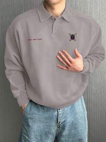 DAZY Men's Thermal Lined Washed Gray Letter Embroidery Design Polo Collar Street Style Pullover Pullover Sweatshirt, Autumn/Winter - Light Grey - View 3