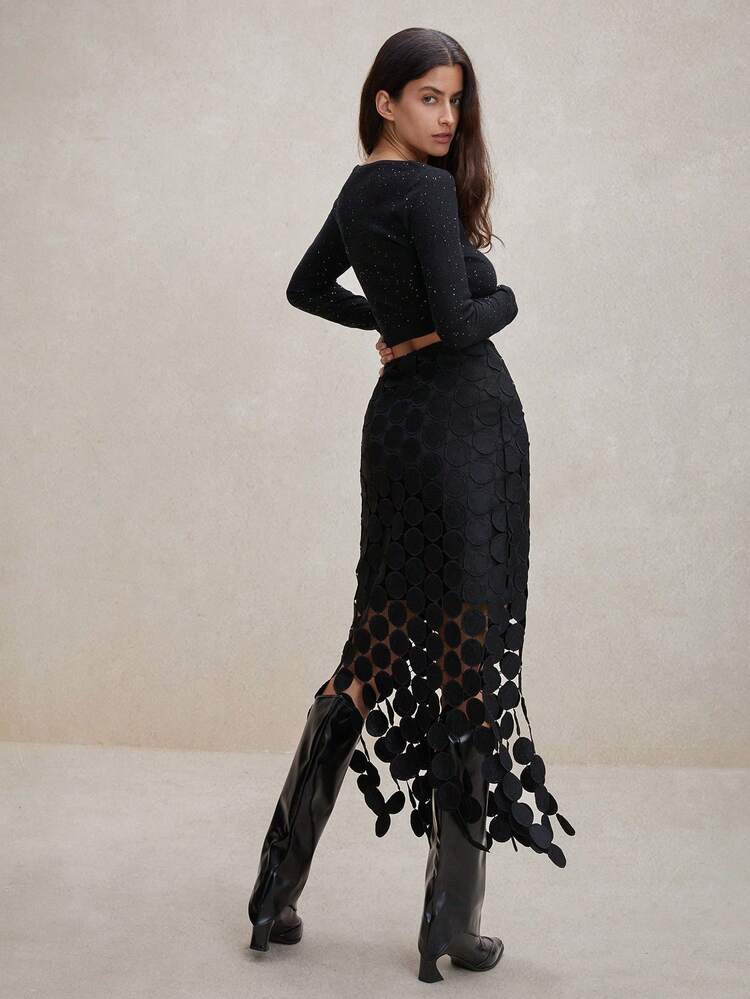 Women's New Summer Lace Hollow Out Elegant Black Lace Tassel Hem Skirt, Suitable For Vacation